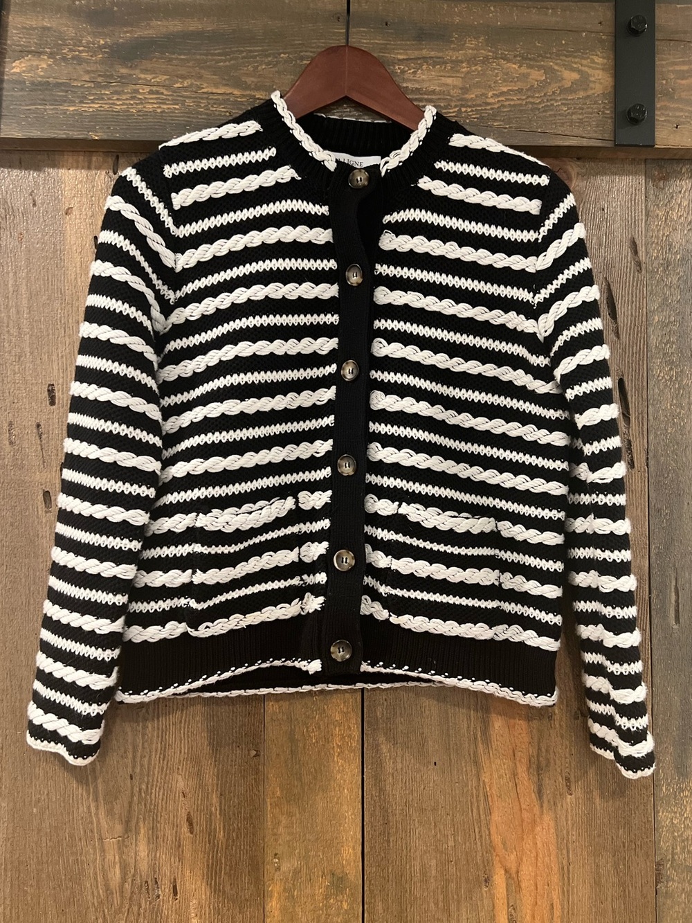 La Ligne Braid Stripe Cardigan Sweater Black Cream Size Small